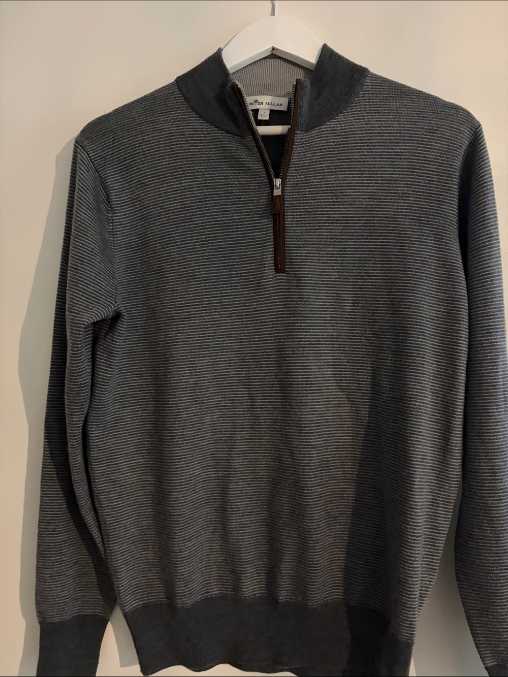 Peter Millar Men’s Charcoal Gray Quarter-Zip Sweater with Brown Trim